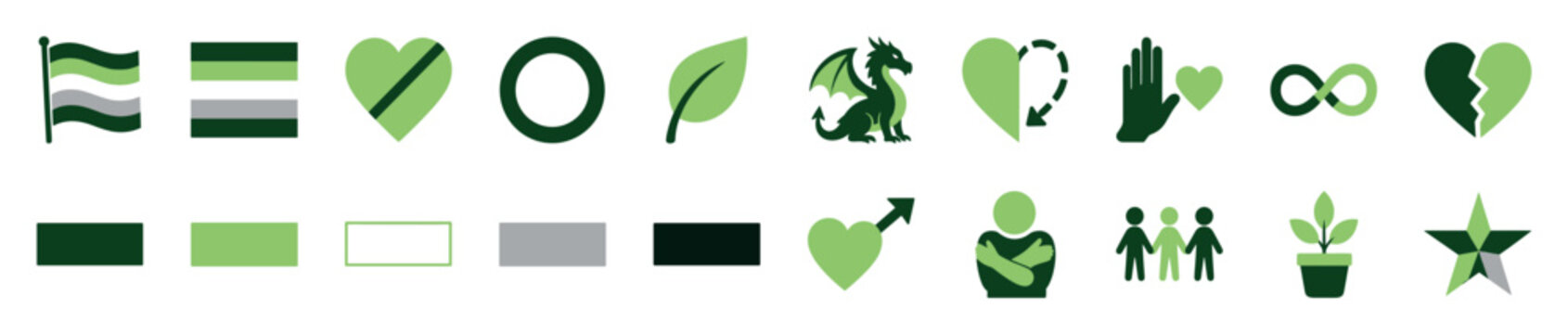 Collection of aromantic pride flag icons and symbols representing identity, community, and the aromantic spectrum in a flat vector style