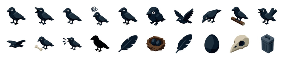 Naklejka premium Collection of black crow bird icons in an isometric style shows various poses, a nest with eggs, a skull, a feather, a bone, and a trash can in a flat graphic design