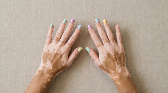 Woman's hands with vitiligo showcasing colorful nail polish on neutral background