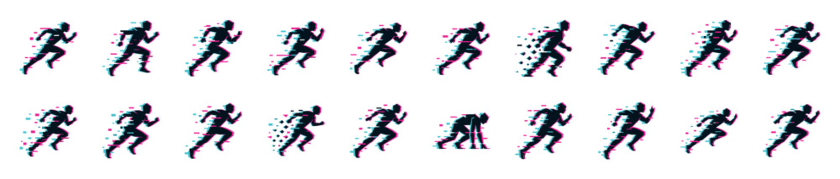 Collection of black runner silhouettes with a dynamic cyan and magenta glitch distortion effect, depicting a sprite sheet for an animation of a sprinting athlete