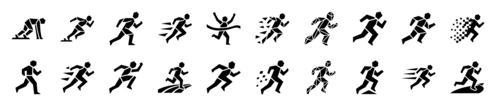 Set of black geometric running man icons showing various stages of a race, from starting blocks and sprinting with speed lines to crossing the finish line victoriously