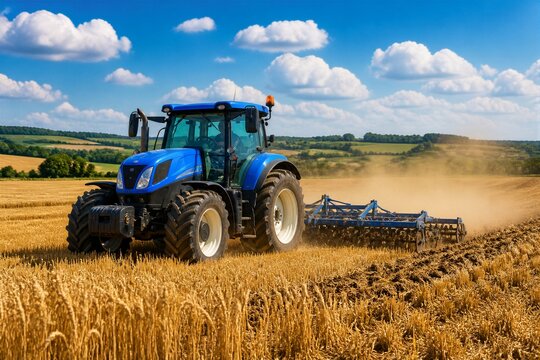 Blue tractor tilling golden wheat field under cloudy sky