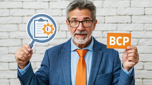 A middle-aged businessman holding a magnifying glass and a BCP sign in front of a brick wall