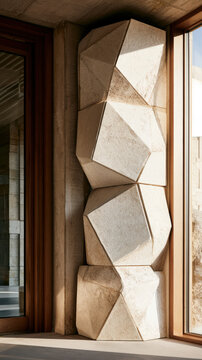 Faceted Geometric Architectural Column beside Window in Warm Modern Interior with Copy Space