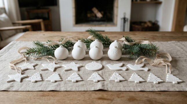 Elegant white ceramic christmas ornaments and decorations on a rustic table