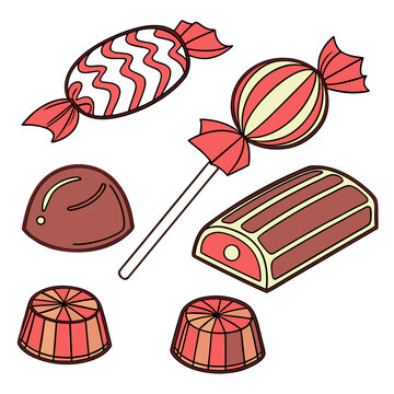 Collection of various sweet candies and chocolates illustration