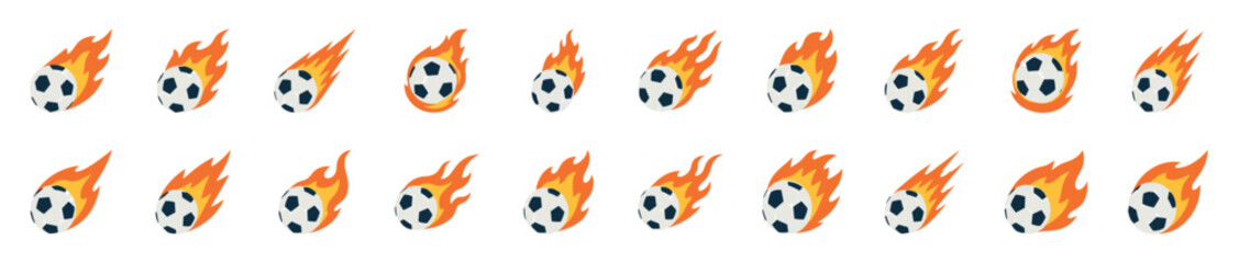 Fototapeta premium Collection of flaming soccer ball illustrations showing a sprite sheet animation sequence for a powerful kick, representing speed, energy, and a fiery goal in a flat design style