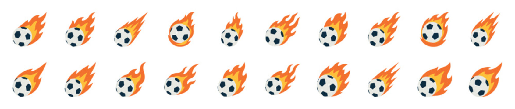 Collection of flaming soccer ball illustrations showing a sprite sheet animation sequence for a powerful kick, representing speed, energy, and a fiery goal in a flat design style
