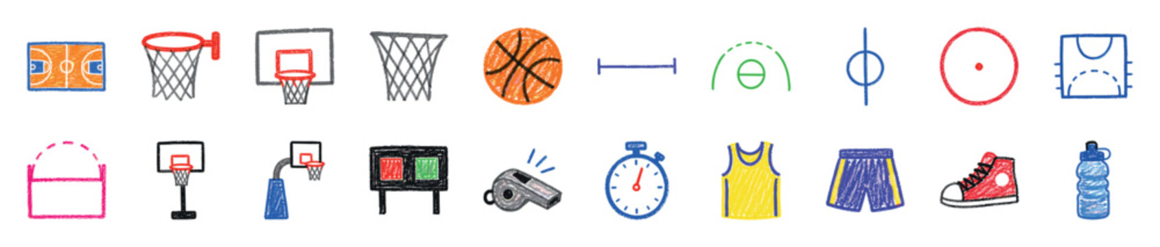 Colorful hand-drawn set of basketball icons with a crayon texture, featuring sports equipment like a ball, hoop, jersey, sneaker, and game elements like a court and scoreboard