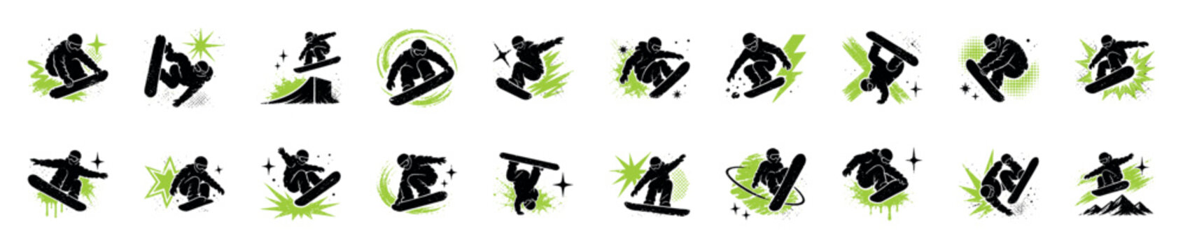Large collection of black snowboarder silhouettes in dynamic action poses with green grunge graphic elements, showing various jumps, tricks, and freestyle snowboarding moves