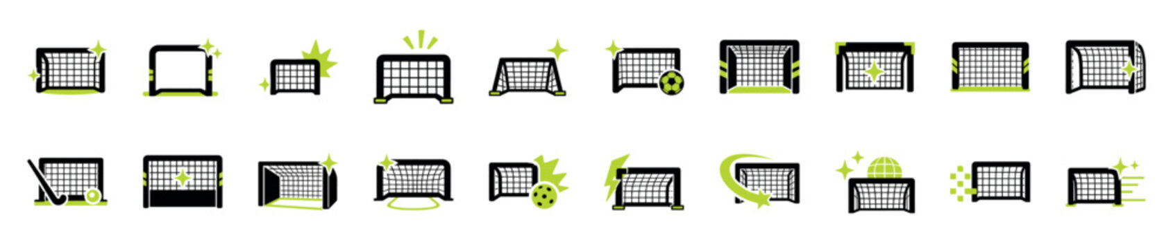 Collection of black and green goal net icons for sports like soccer and football, illustrating concepts of scoring, competition, victory, and achievement in a modern graphic style
