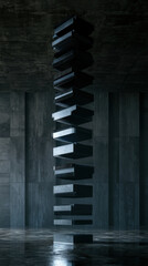 Fototapeta premium Dark Sculptural Spiral Staircase Tower in Brutalist Interior with Copy Space