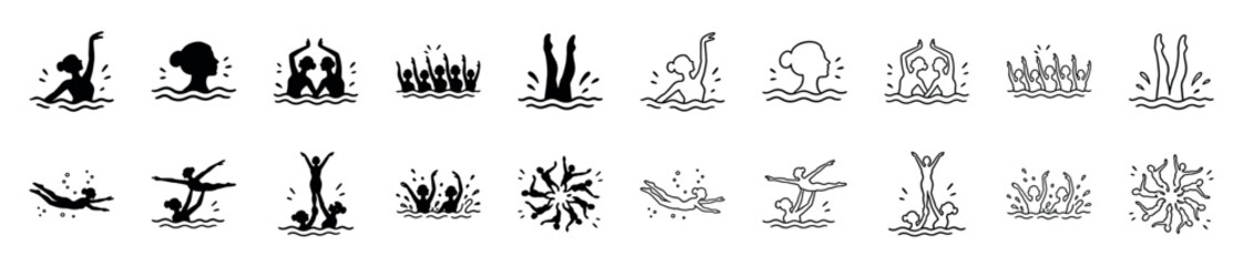 Obraz premium Set of synchronized swimming icons in silhouette and line art styles shows various athletic poses, graceful formations, and elegant routines for solo, duet, and team events