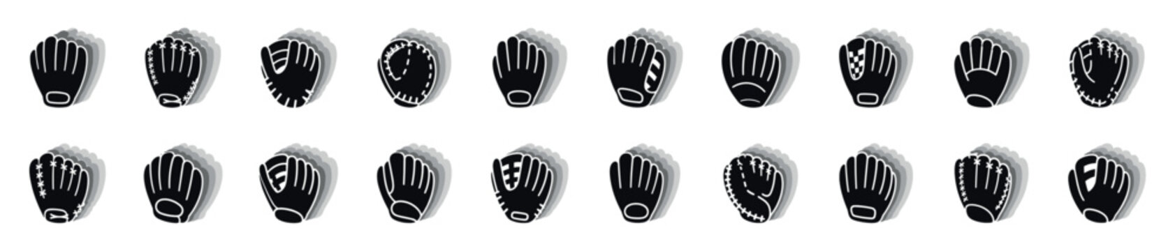 Large set of black baseball glove icons with white outlines and drop shadows, showcasing various designs and styles for sports and recreation concepts