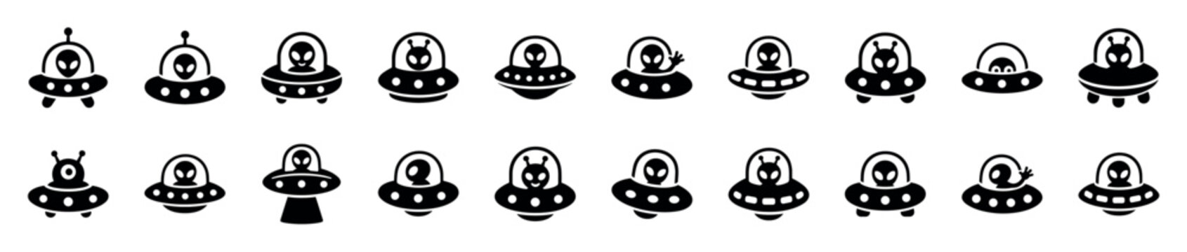Large collection of black alien UFO icons featuring various cute and classic extraterrestrial characters piloting flying saucers in a simple minimalist glyph style