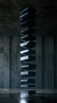 Dark Sculptural Spiral Staircase Tower in Brutalist Interior with Copy Space