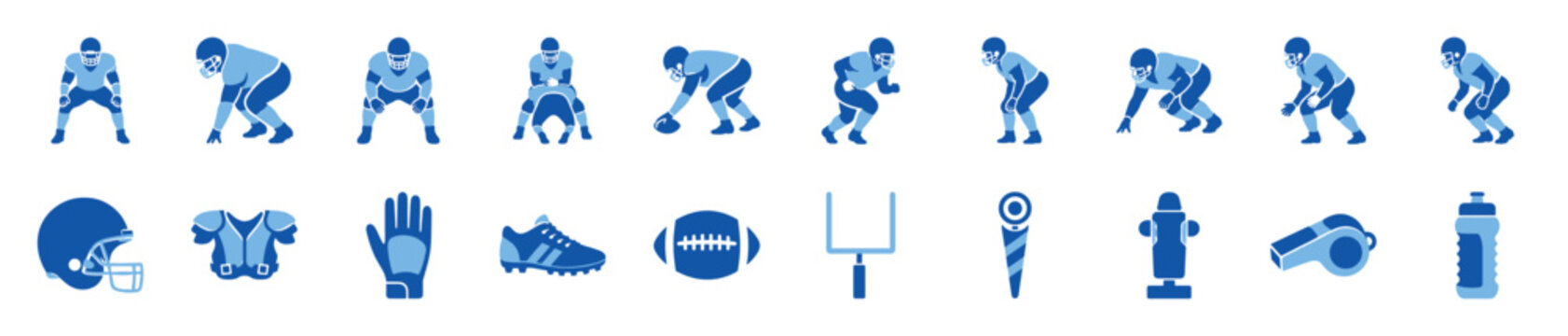 Set of American football icons showing players in various stances and essential sports equipment like a helmet, ball, and goal post in a simple two-tone blue graphic style