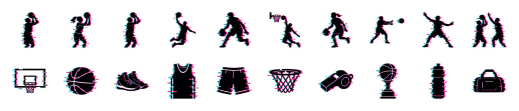 Comprehensive set of basketball icons showing player silhouettes and equipment, all designed with a modern digital glitch and chromatic aberration effect