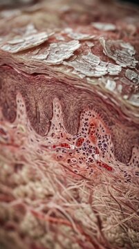Psoriasis skin layer: epidermal plaque, capillary loop, silver scale, blood vessel, cutaneous inflammation, microscopic structure, chronic disorder, pathological specimen.