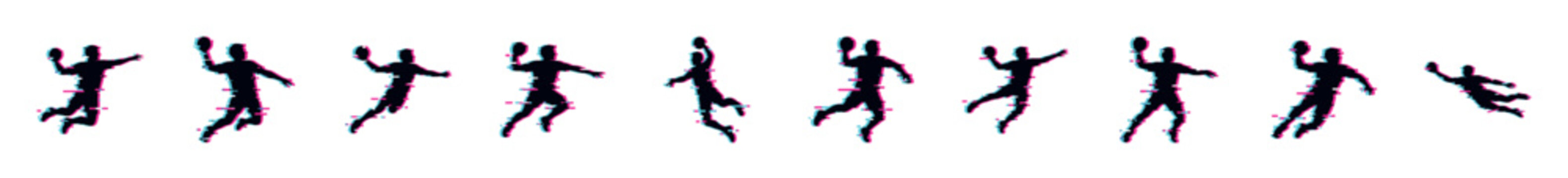 Set of handball player silhouettes in dynamic jumping and throwing poses with a modern digital glitch and chromatic aberration effect