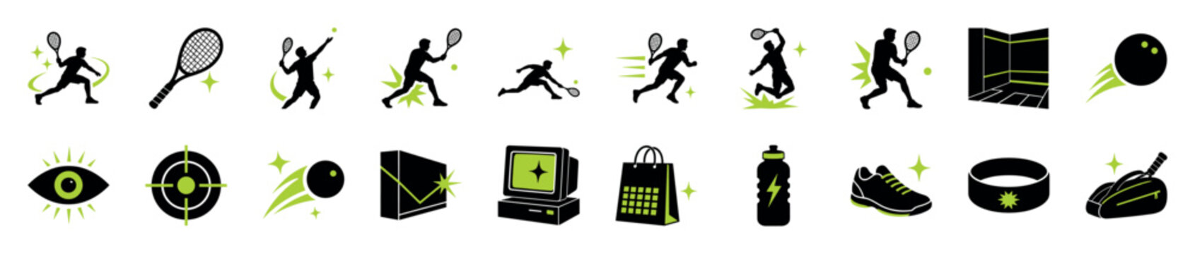 Set of vector icons for racket sports featuring player silhouettes in action, a court, ball, racket, shoe, and other athletic gear in a modern black and green style
