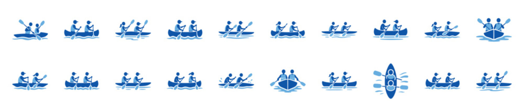 Set of blue canoeing and kayaking icons showing people paddling in various boats, a collection of minimalist pictograms for outdoor water sports and recreation