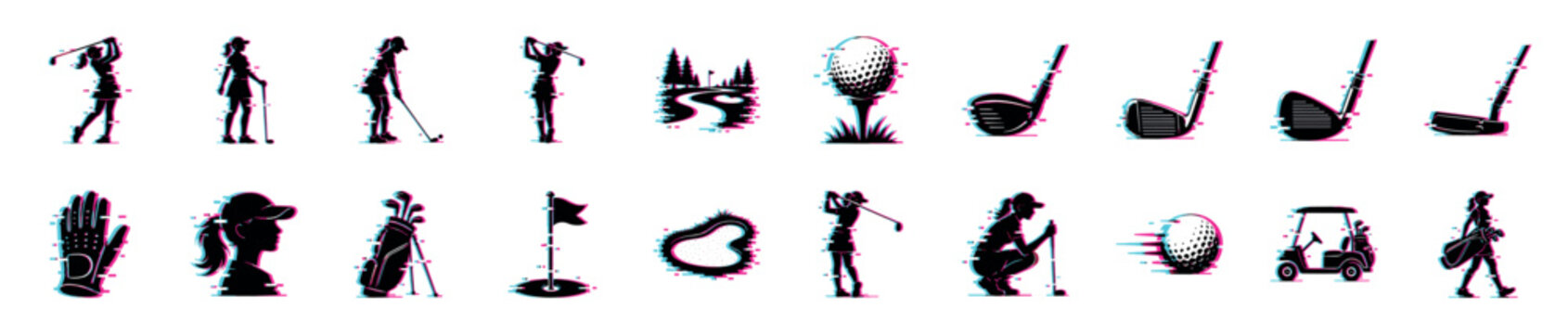 Large set of women's golf icons featuring female player silhouettes, equipment, and course elements with a modern digital glitch effect and chromatic aberration