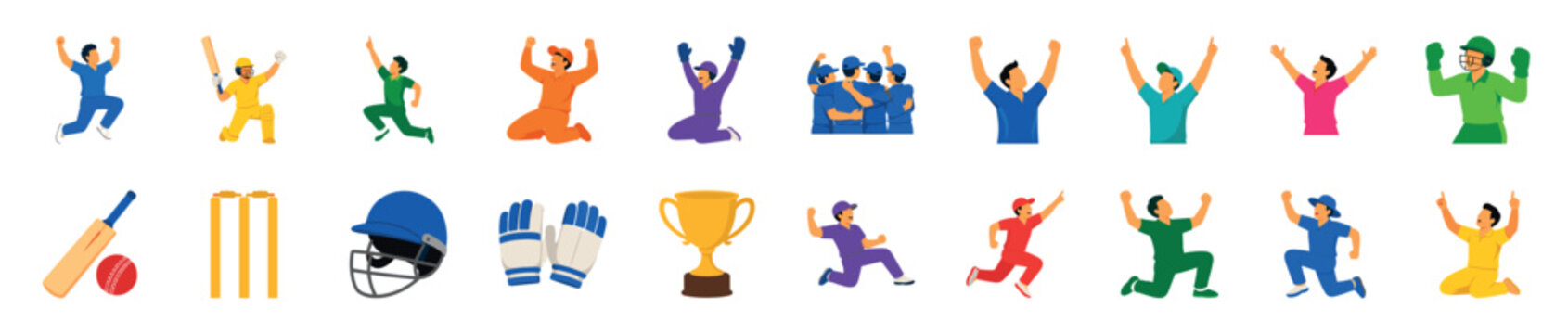 Collection of colorful cricket player illustrations showing athletes celebrating victory and competing, with equipment like a bat, ball, helmet, gloves, and a golden trophy