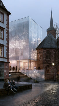 Modern Transparent Glass Building beside Historic Church in Urban Square with Copy Space