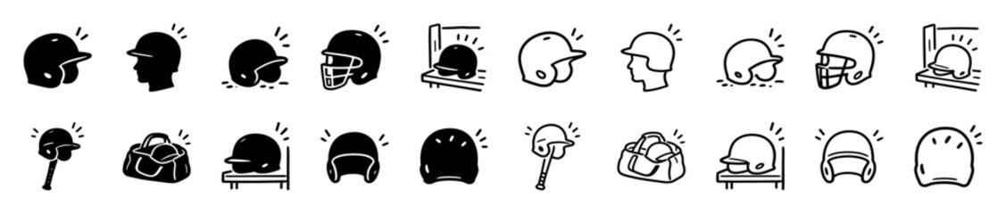 Fototapeta premium Set of baseball helmet icons in a hand-drawn doodle style, featuring black glyph and outline variations of player headgear, bats, and athletic sports bags