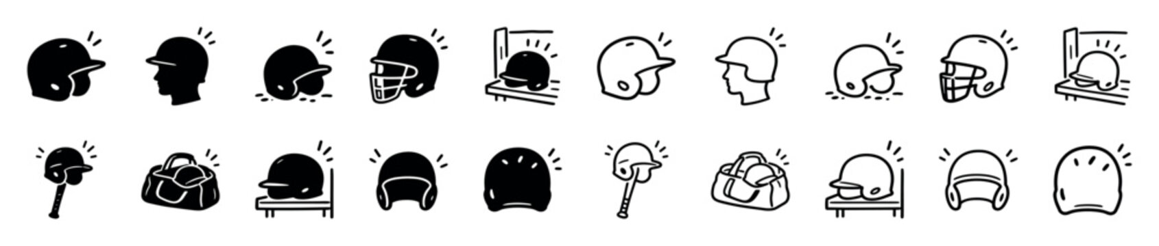 Set of baseball helmet icons in a hand-drawn doodle style, featuring black glyph and outline variations of player headgear, bats, and athletic sports bags