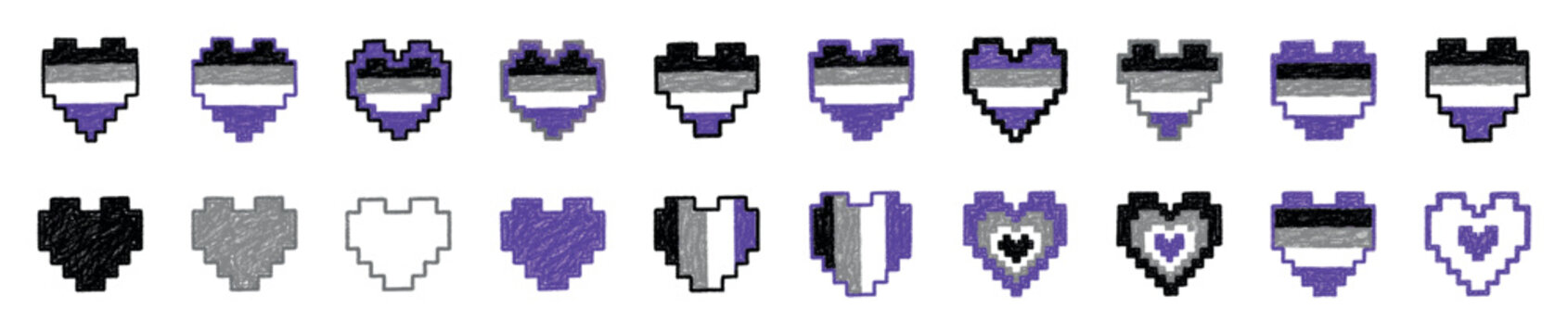 Collection of hand-drawn pixel art hearts with the asexual pride flag colors of black, grey, and purple, showcasing a unique scribble texture and a retro 8-bit aesthetic