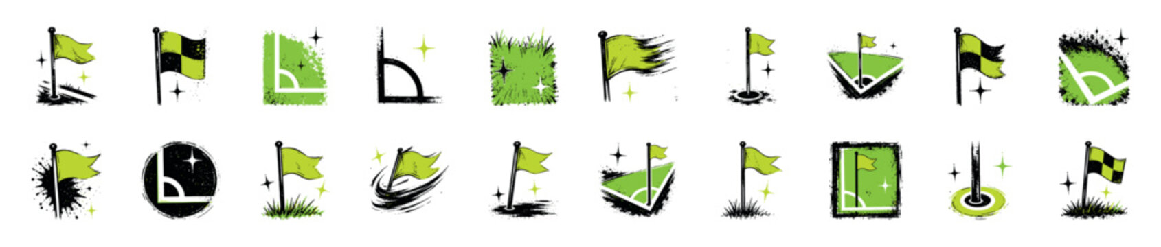 Large set of hand-drawn soccer corner icons in a distressed grunge style, featuring green flags, field markings, and black ink splatter effects with sparkling details