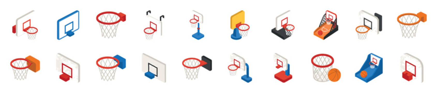 Large collection of isometric basketball hoops and backboards showing various designs, including wall-mounted, free-standing, and arcade game styles in a flat vector illustration set
