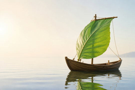Wooden boat sailing with a green leaf sail. Space for text.