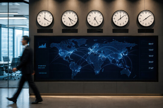 Global Operations Center with World Clocks and Digital Map Dashboard Copy Space