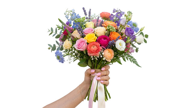 Colorful bridal bouquet held in hand ranunculus roses lavender isolated on transparent background