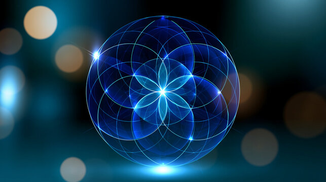 Sacred geometry vector design featuring a blue flower pattern, mystical spiritual illustration, with copy space