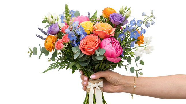 Colorful bridal bouquet held in hand roses ranunculus and delphinium isolated on transparent background
