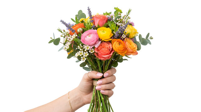 Hand holding vibrant spring flower bouquet roses ranunculus and lavender isolated on transparent background