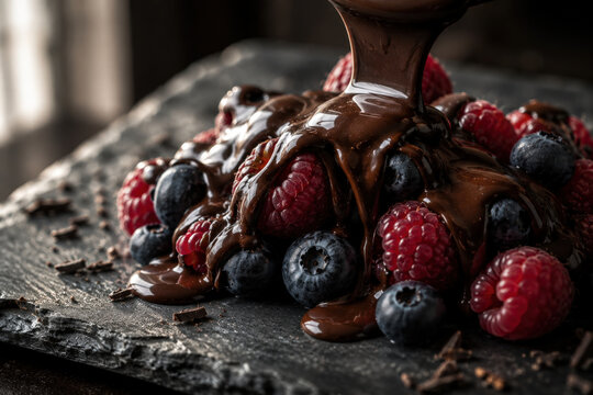 Chocolate Sauce Poured over Fresh Berries and Gourmet Dessert with Copy Space