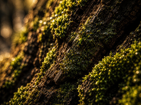 Green Moss Growing on Textured Tree Bark in Warm Forest Light with Copy Space
