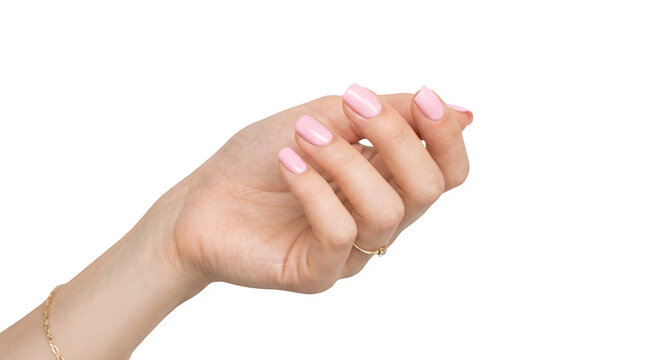 Woman's hand with pale pink manicure gold ring and bracelet isolated on transparent background