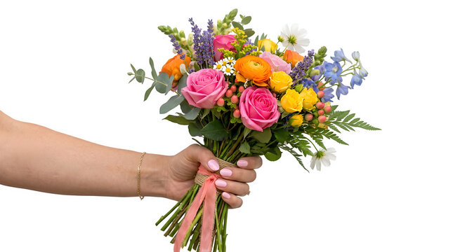 Hand holding vibrant spring flower bouquet roses ranunculus and delicate foliage