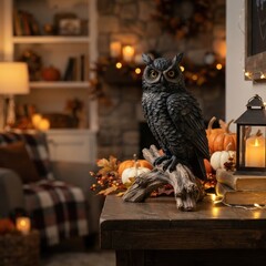 Naklejka premium Black raven perched among Halloween decorations for spooky storytelling, gothic home decor and seasonal event promotions.