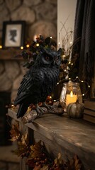 Naklejka premium Black raven perched among Halloween decorations for spooky storytelling, gothic home decor and seasonal event promotions.