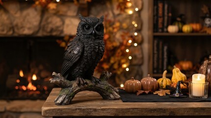 Naklejka premium Black raven perched among Halloween decorations for spooky storytelling, gothic home decor and seasonal event promotions.