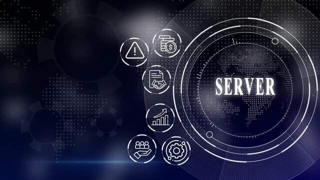 Modern digital icons with globe and business symbols on tech background