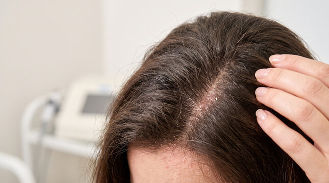Close up view of a woman s scalp showing visible flaking and dryness potential dandruff issue