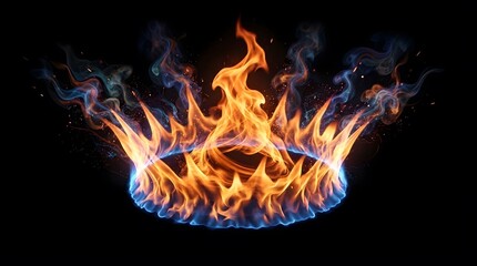 Fototapeta premium Circular gas stove burner ignited with bright orange flames and swirling smoke against dark black background combustion flammable appliance ignition abstract